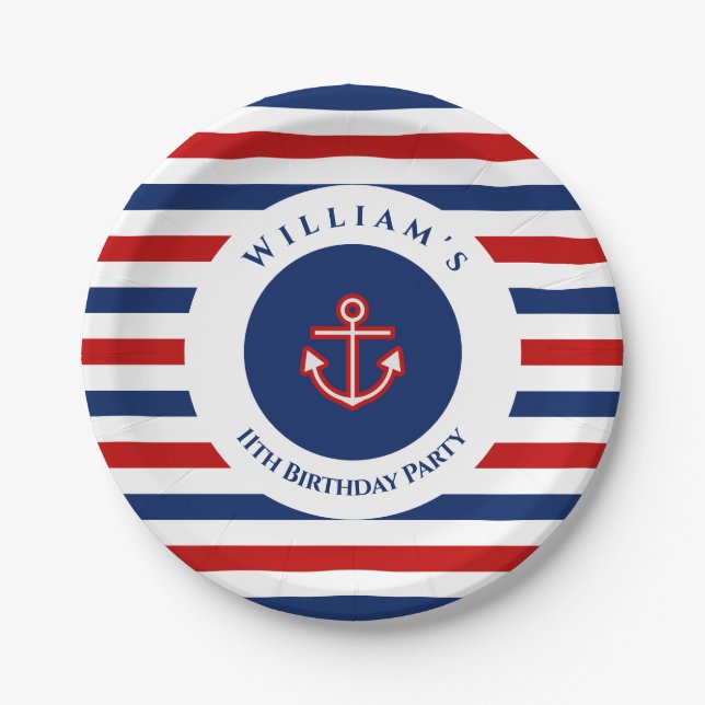 Nautical Marine Navy Blue Red White Stripes Paper Plate (Front)