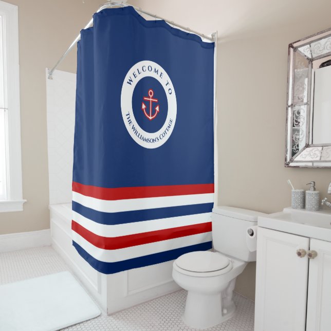 Nautical Marine Navy Blue Red White Stripes Shower Curtain (In Situ)