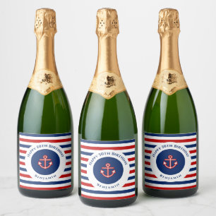 Nautical Marine Navy Blue Red White Stripes Sparkling Wine Label