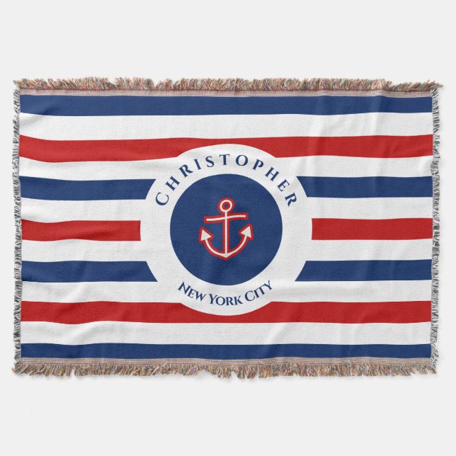 Nautical Marine Navy Blue Red White Stripes Throw Blanket (Front)