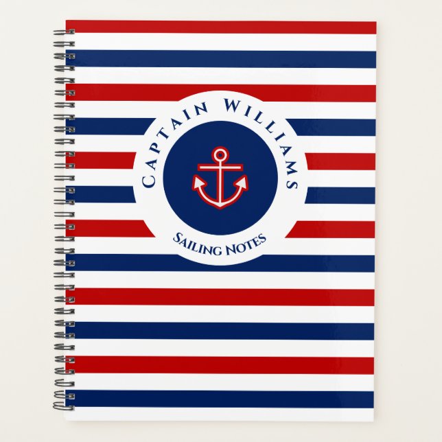 Nautical Marine Navy Blue Red White Stripes Travel Planner (Front)