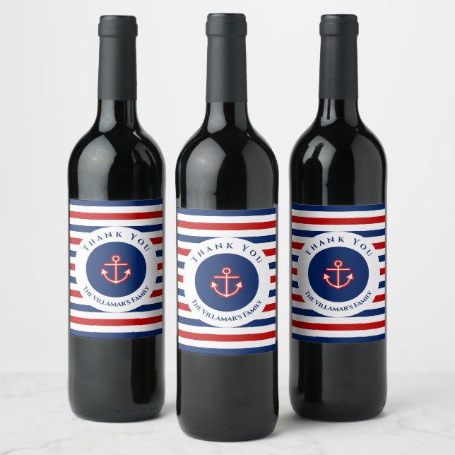 Nautical Marine Navy Blue Red White Stripes Wine Label (Bottles)