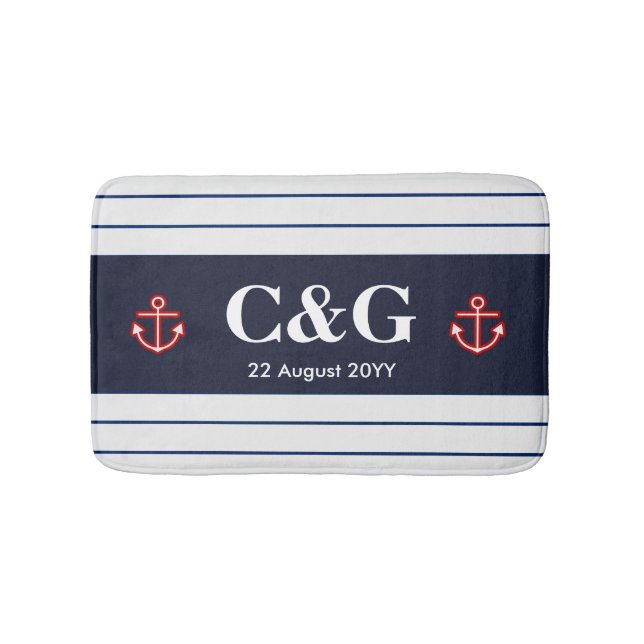Nautical Marine Navy Blue White Stripes Bath Mat (Front)