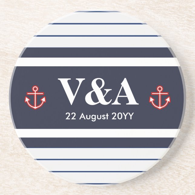 Nautical Marine Navy Blue White Stripes Coaster (Front)
