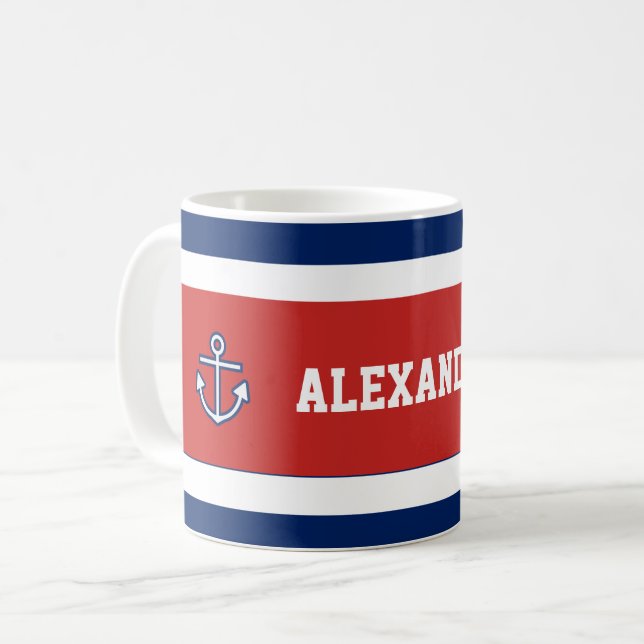 Nautical Marine Navy Blue White Stripes Coffee Mug (Front Left)