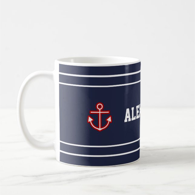 Nautical Marine Navy Blue White Stripes Coffee Mug (Left)