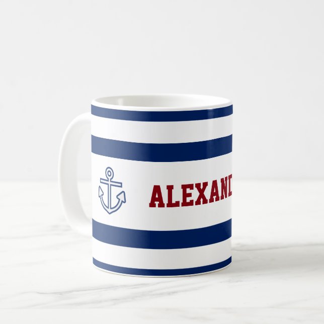Nautical Marine Navy Blue White Stripes Coffee Mug (Front Left)