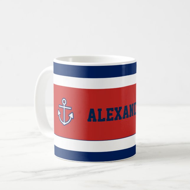 Nautical Marine Navy Blue White Stripes Coffee Mug (Front Left)