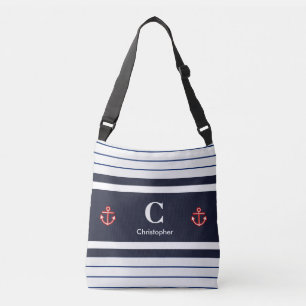 Nautical Marine Navy Blue White Stripes Crossbody Bag