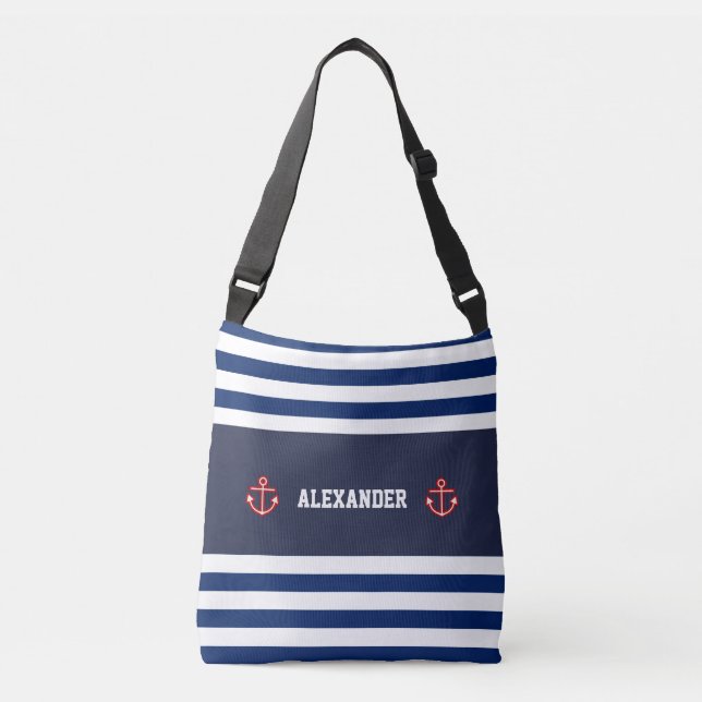 Nautical Marine Navy Blue White Stripes Crossbody Bag (Front)