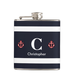 Nautical Marine Navy Blue White Stripes Hip Flask