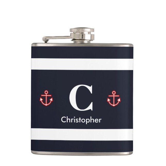 Nautical Marine Navy Blue White Stripes Hip Flask (Front)