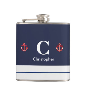 Nautical Marine Navy Blue White Stripes Hip Flask