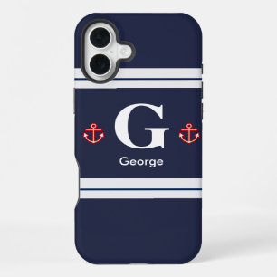 Nautical Marine Navy Blue White Stripes iPhone 16 Plus Case