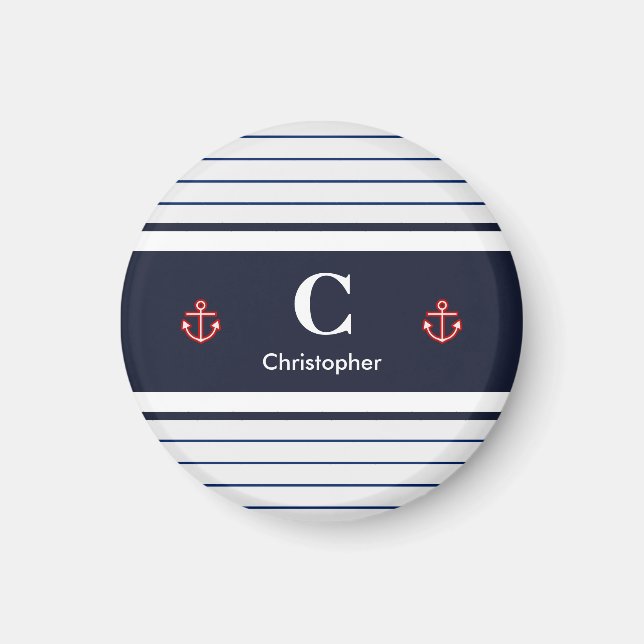 Nautical Marine Navy Blue White Stripes Magnet (Front)