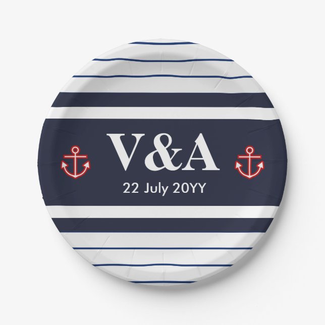 Nautical Marine Navy Blue White Stripes Paper Plate (Front)