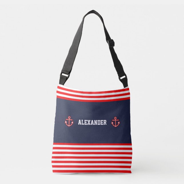 Nautical Marine Navy Royal Red White Stripes Crossbody Bag (Front)