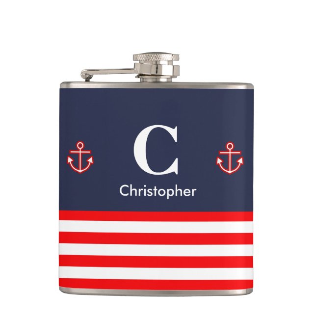 Nautical Marine Navy Royal Red White Stripes Hip Flask (Front)