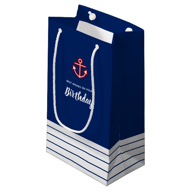 Nautical Marine Navy White Anchor Birthday Small Gift Bag (Front Angled)