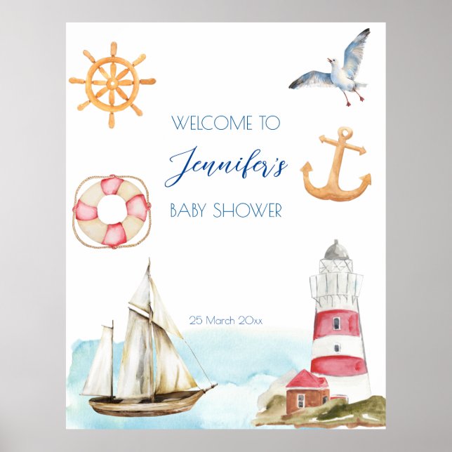 Nautical marine sailing theme boy baby shower  poster (Front)