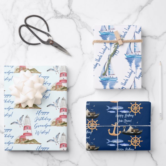 Nautical marine sailing theme man grandpa, dad  wrapping paper sheet (Front)