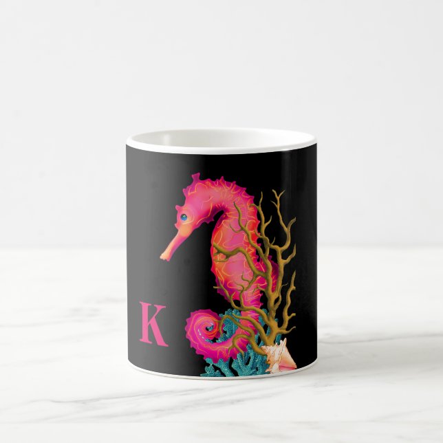 Nautical Marine Seahorse Pink Black Chic  Coffee Mug (Center)