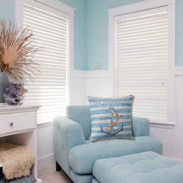 Nautical Marine Striped Wood Family Beach House Cushion (Creator Uploaded)