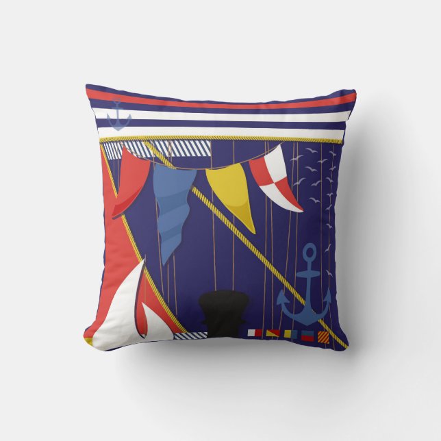 Nautical Maritime Flags Yacht Patterned Blue Cushion (Front)
