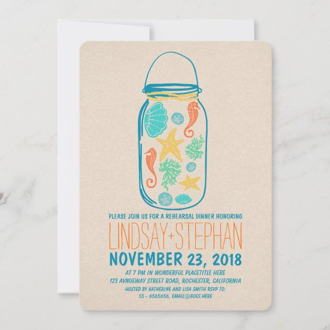 Nautical mason jar beach rehearsal dinner invite (Front)