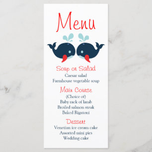 Nautical Menu Navy Blue Red Whales Beach Wedding