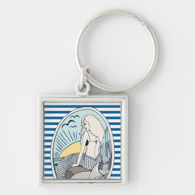 Nautical Mermaid Blue and White Stripe Key Ring (Front)