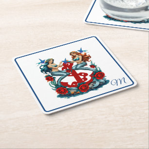 Nautical Mermaid Floral Red Blue Square Paper Coaster