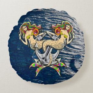 Nautical Mermaid Ocean Round Pillow