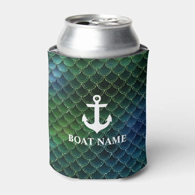 Nautical Mermaid Pattern Anchor Boat Name Can Cooler (Can Front)
