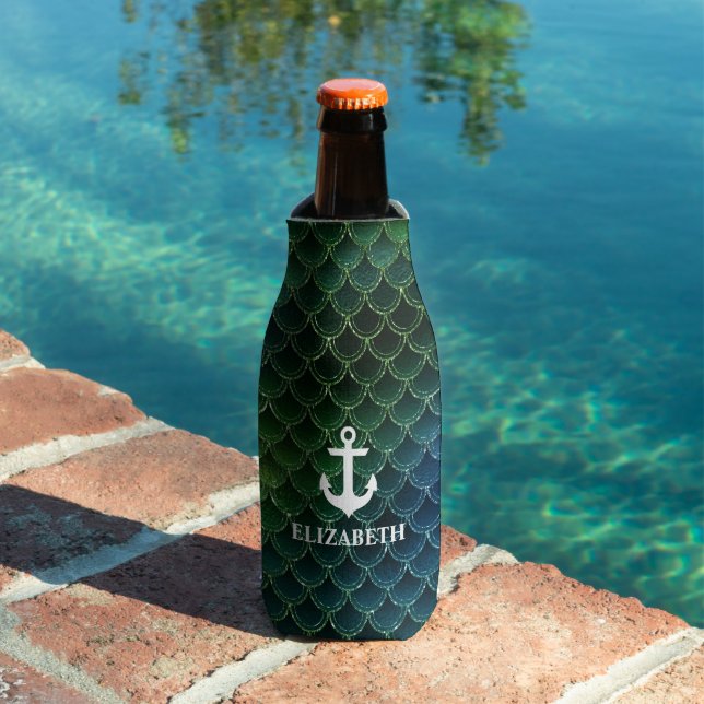 Nautical Mermaid Pattern Anchor Name Bottle Cooler (In Situ Pool)