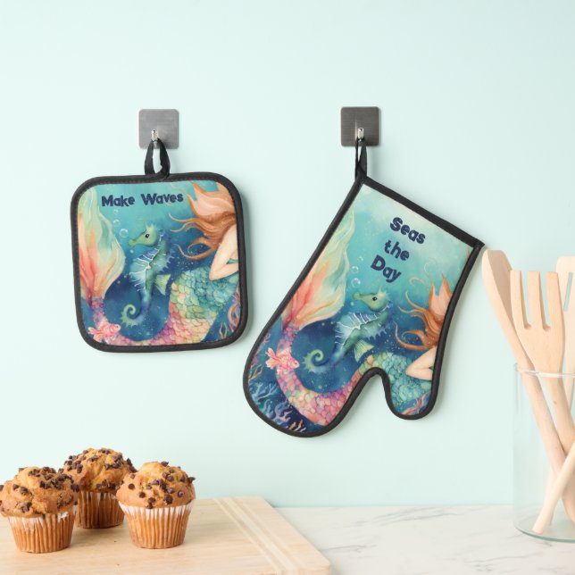 Nautical Mermaid Seahorse Inspirational Sayings Oven Mitt & Pot Holder Set (Insitu(Hanging))