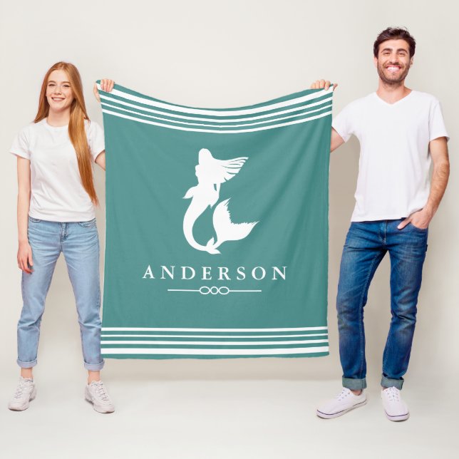 Nautical Mermaid Teal & White Stripes Fleece Blanket (In Situ)