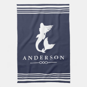 Nautical Mermaid White Stripes & Navy Tea Towel