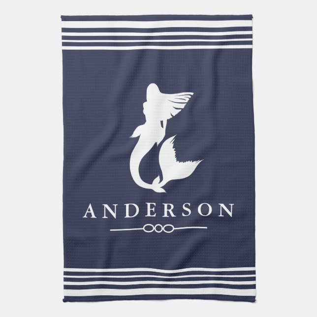 Nautical Mermaid White Stripes & Navy Tea Towel (Vertical)