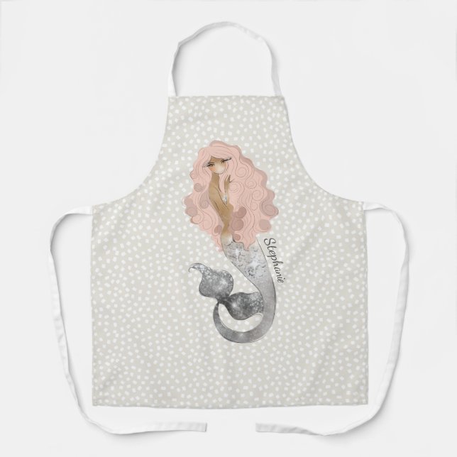 Nautical Mermaid with Pink Hair and Name Apron (Front)