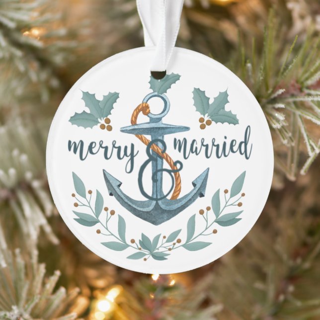Nautical Merry and Married Holly Berry Photo Ornament (Tree)
