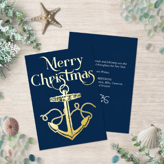 Nautical Merry Christmas Anchor Navy Gold Foil Holiday Card