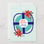 Nautical Merry Christmas from our New Home Announcement<br><div class="desc">This holiday new address card has a nautical design with a turquoise and navy life preserver decked out in red poinsettias. White and aqua stripes add a beachy, coastal feel, indicating to recipients that you've moved south or to the coast. The sample text on front of the card says: "Merry...</div>