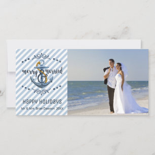 Nautical Merry & Married, Blue Stripes, One Photo Holiday Card