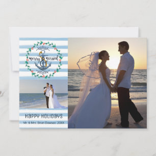 Nautical Merry & Married, Blue Stripes, Two Photos Holiday Card
