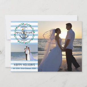 Nautical Merry & Married, Blue Stripes, Two Photos Holiday Card