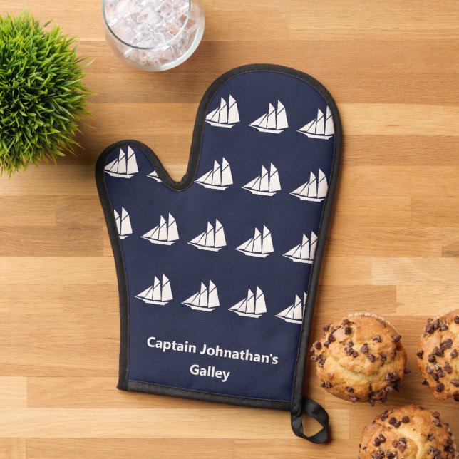 Nautical Midnight Blue and White Sailboats Name Oven Mitt (Top down)