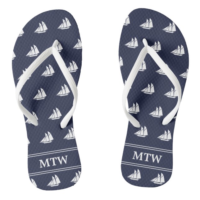 Nautical Midnight Blue White Sailboats Monogram Flip Flops (Footbed)