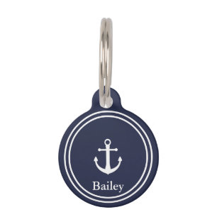 Nautical Midnight Blue & White with Anchor & Name Pet Tag