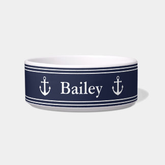 Nautical Midnight Blue with Name and White Anchors Bowl